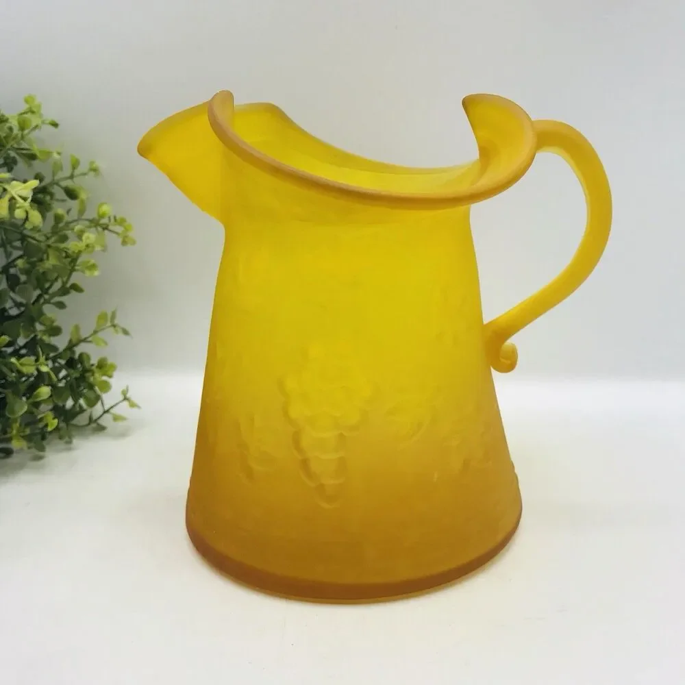 Vintage 1970s MCM Amber Art Glass Pitcher Vase Grapes Leaves Gold Yellow 6 1/2
